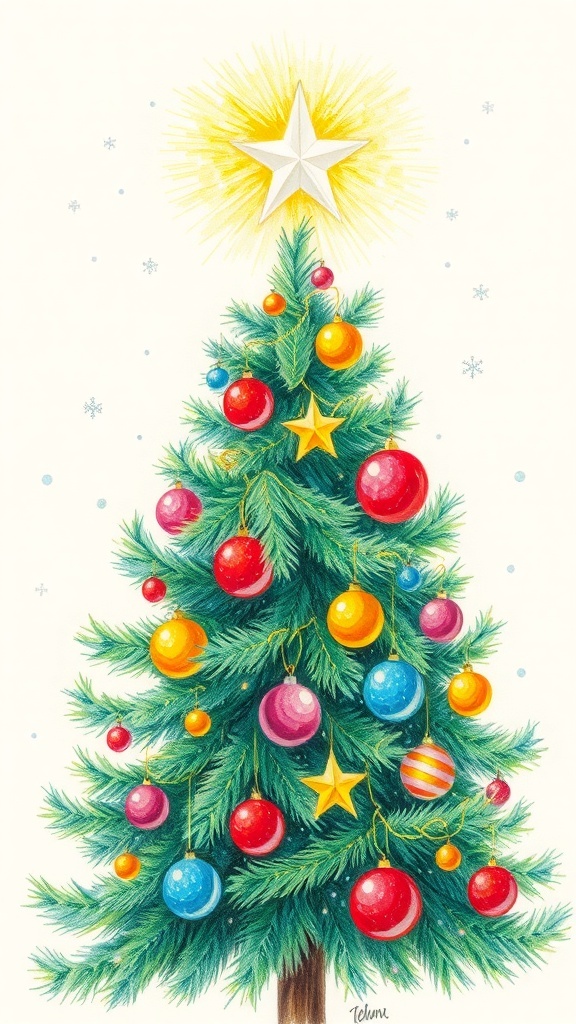 Colored pencil drawing of a decorated Christmas tree with ornaments and snowflakes.